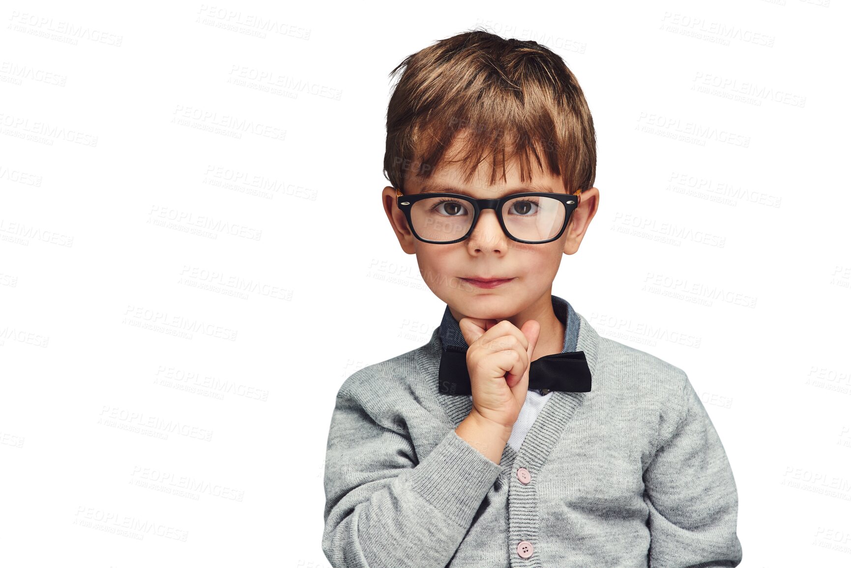Buy stock photo Portrait, children and geek boy in glasses isolated on transparent background for intelligence. Face, smart and eyewear with confident young kid nerd on PNG for school, education or development