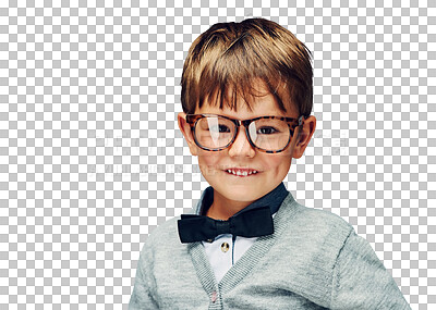 Buy stock photo Portrait, young child and fashion in bowtie with glasses and confident boy in trendy clothes for kindergarten. Kid, face and cute in style jersey for fun isolated on transparent png background