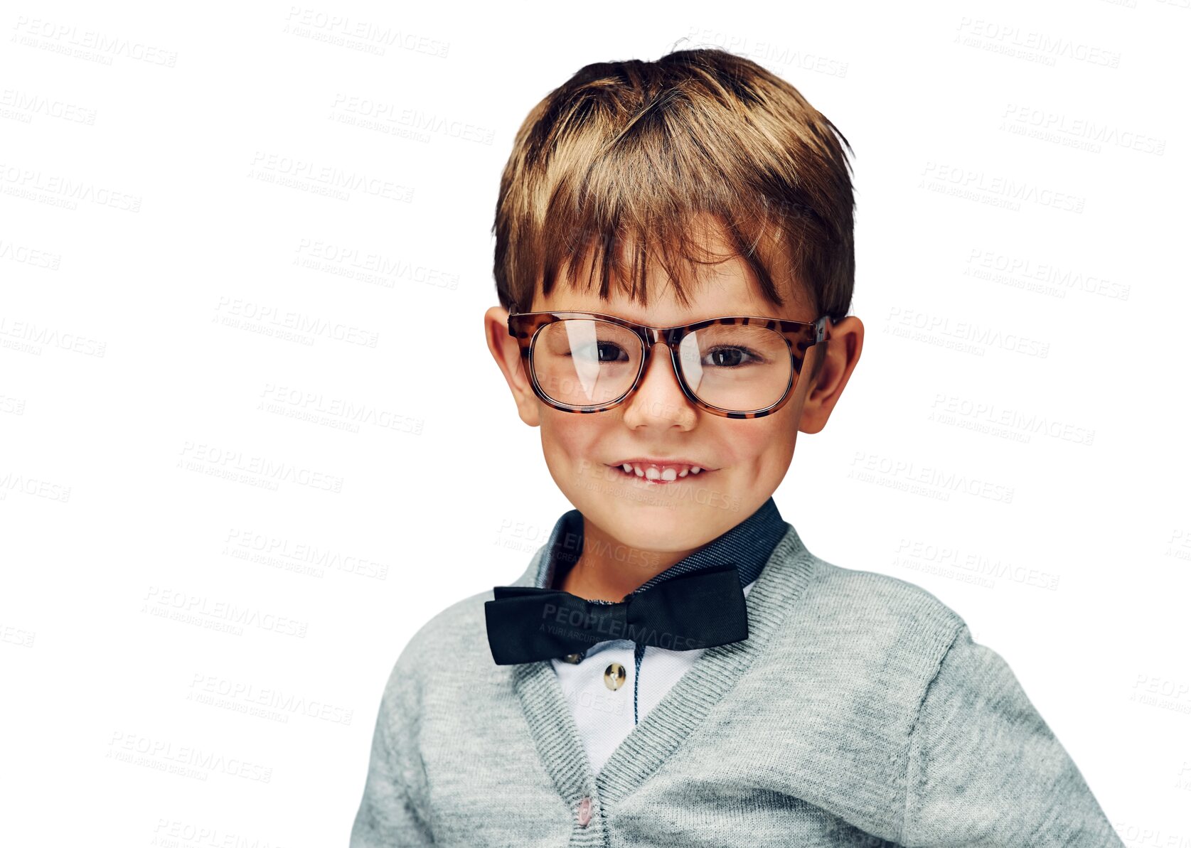 Buy stock photo Portrait, young child and fashion in bowtie with glasses and confident boy in trendy clothes for kindergarten. Kid, face and cute in style jersey for fun isolated on transparent png background
