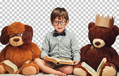 Buy stock photo Child, boy or teddy bear with portrait for reading, learning or knowledge and education, glasses or happy. Kid, toy or face with fantasy play or novel on floor isolated on png transparent background 