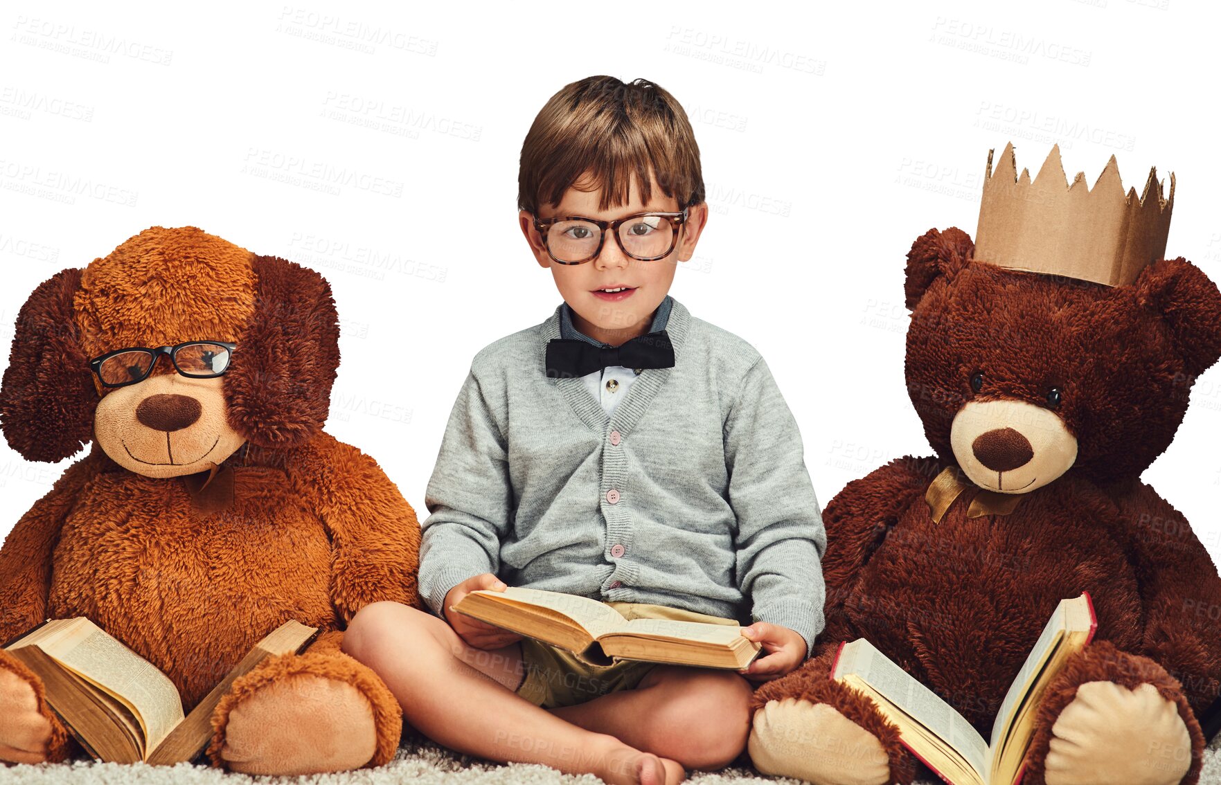 Buy stock photo Child, boy or teddy bear with portrait for reading, learning or knowledge and education, glasses or happy. Kid, toy or face with fantasy play or novel on floor isolated on png transparent background 