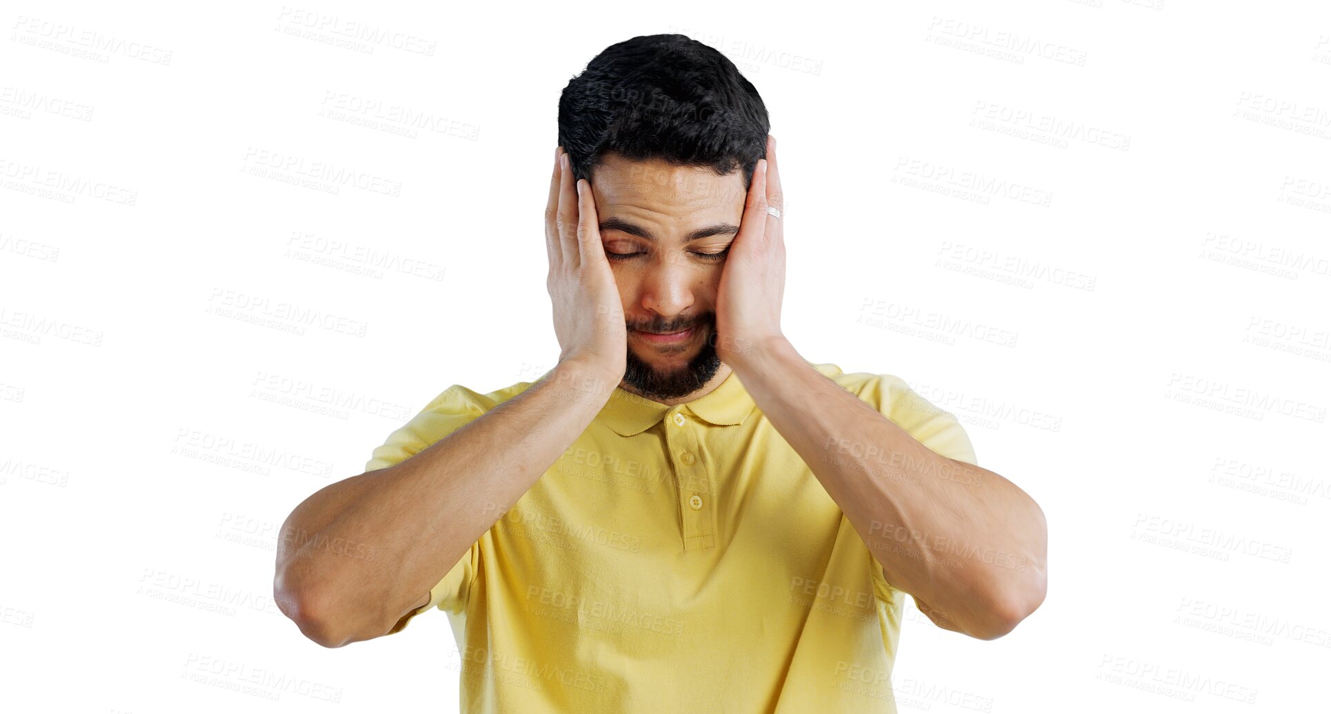 Buy stock photo Anxiety, stress or frustration and headache man isolated on transparent background with fatigue. Burnout, depression or mental health and tired young person on PNG with emotion of grief, loss or pain