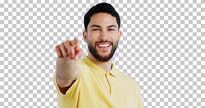 Buy stock photo Man, portrait and pointing for choice, decision and vote for winner or direction in recruitment for human resources. Happy person, face or support of hiring or isolated on transparent png background