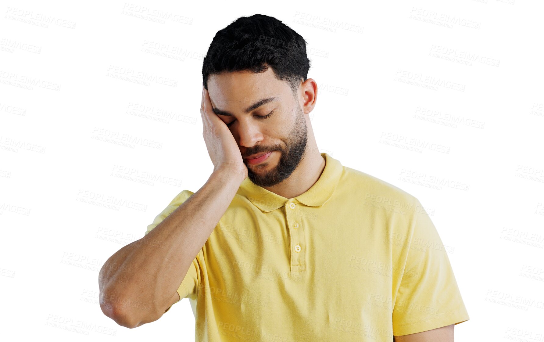 Buy stock photo Anxiety, depression or frustration and headache man isolated on transparent background with fatigue. Burnout, stress or mental health and tired young person on PNG with emotion of grief, loss or pain