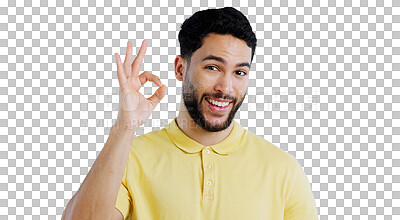 Buy stock photo Smile, portrait and man with perfect hands, support or success gesture on isolated, transparent or png background. OK, emoji or face of male person with review, feedback or service excellence vote
