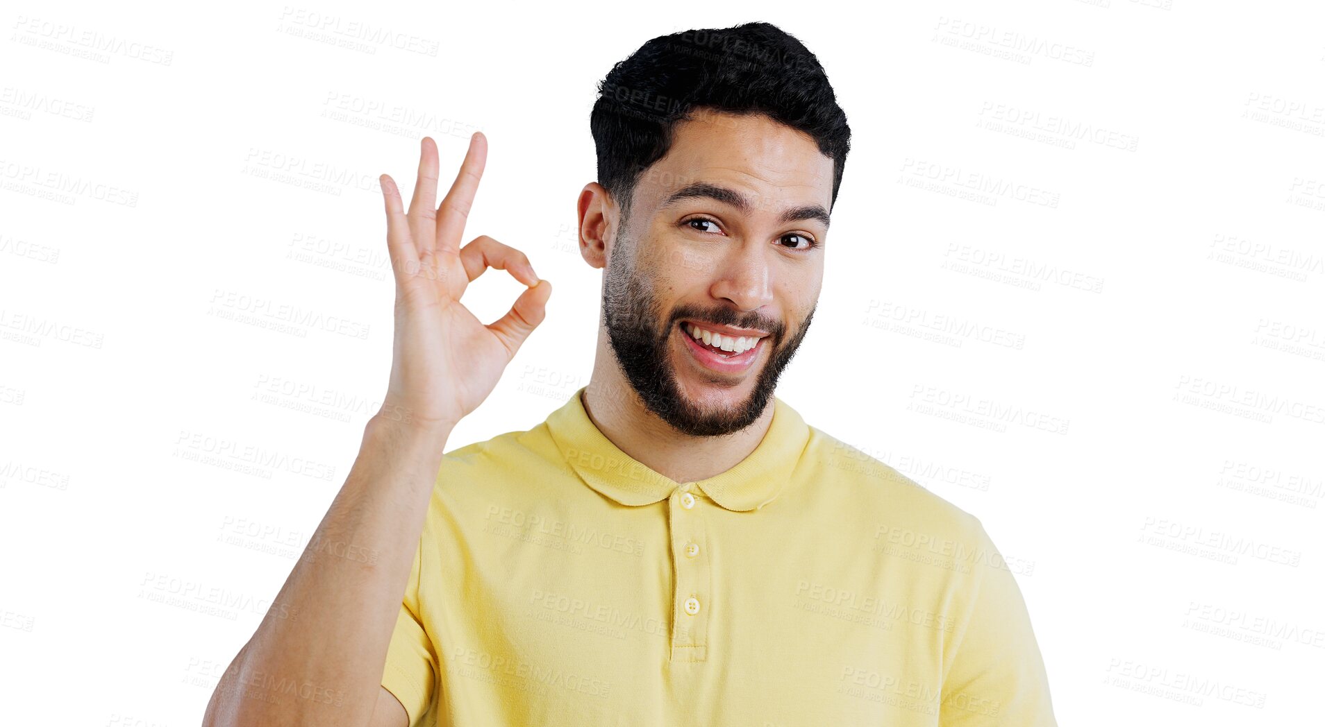 Buy stock photo Smile, portrait and man with perfect hands, support or success gesture on isolated, transparent or png background. OK, emoji or face of male person with review, feedback or service excellence vote