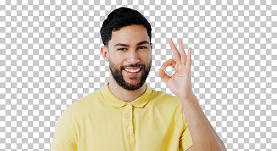 Buy stock photo Portrait, smile and man with perfect hands, support or success gesture on isolated, transparent or png background. OK, emoji or face of male person with review, feedback or service excellence vote