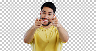 Buy stock photo Man, portrait and happy with pointing to you for decision, choice and vote for winner, volunteer and join us. Indian, and hand gesture for support and emoji isolated on a png transparent background