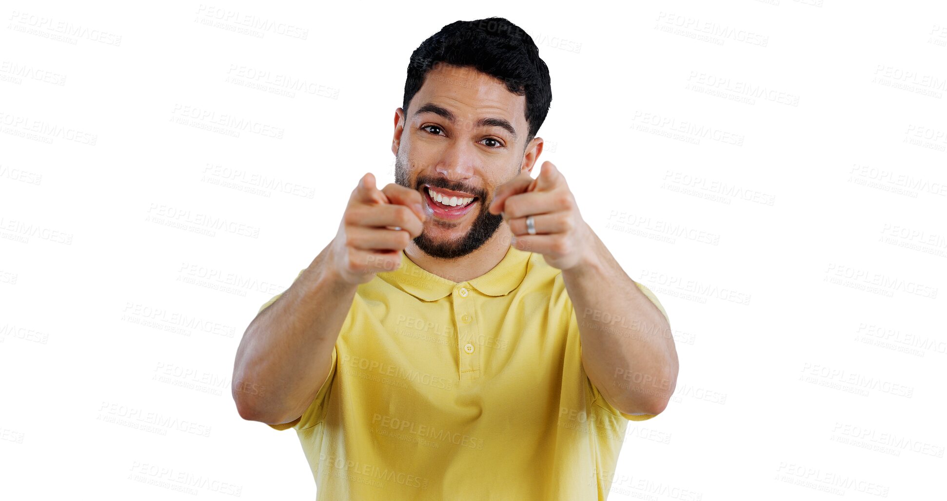 Buy stock photo Man, portrait and happy with pointing to you for decision, choice and vote for winner, volunteer and join us. Indian, and hand gesture for support and emoji isolated on a png transparent background