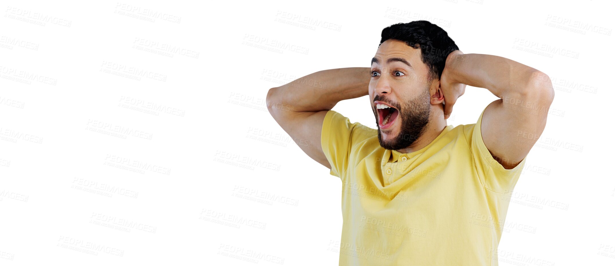 Buy stock photo Man, happy and surprised with announcement and news with wow reaction, excited or notification. Person, guy and shocked for discount deal, hand gesture or emoji isolated on png transparent background