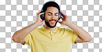Man, music and headphones in studio for freedom, audio subscription and streaming multimedia playlist on white background. Happy indian model listening to peaceful podcast, hearing sound and radio 