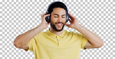 Buy stock photo Man, music and headphones or happy for podcast, audio subscription and streaming multimedia playlist. Relax, indian model and listening to radio and sound isolated on a png transparent background 