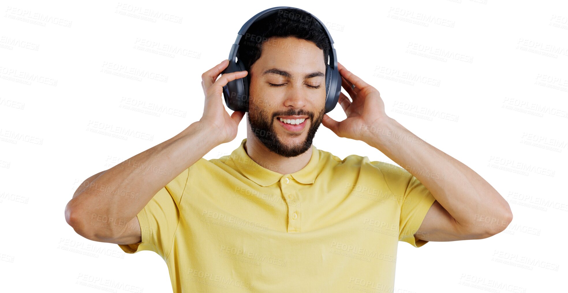 Buy stock photo Man, music and headphones or happy for podcast, audio subscription and streaming multimedia playlist. Relax, indian model and listening to radio and sound isolated on a png transparent background 