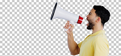 Buy stock photo Man, anger and megaphone with speaker for protest with shouting, rally and call to action announcement. Person, angry and voice for justice with speech and news isolated on png transparent background