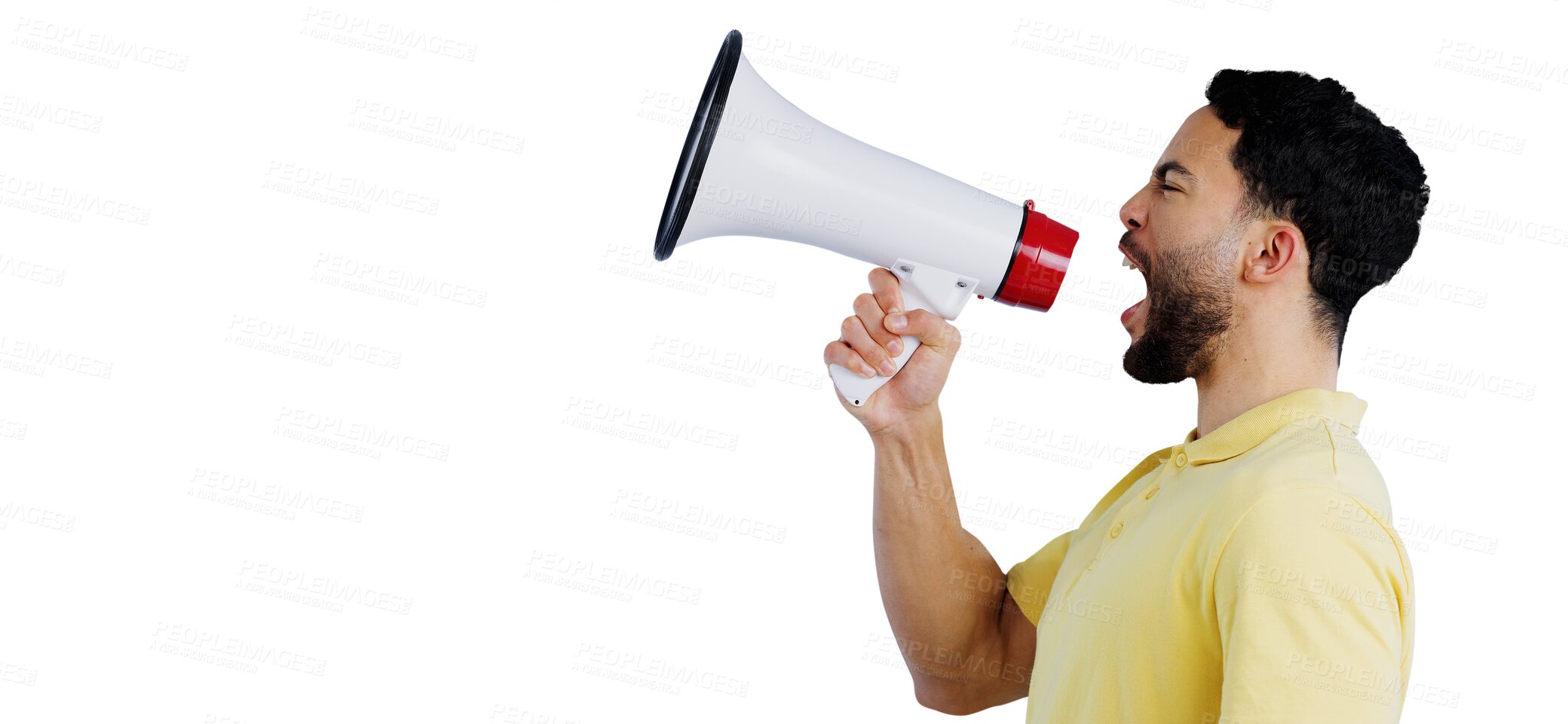 Buy stock photo Man, anger and megaphone with speaker for protest with shouting, rally and call to action announcement. Person, angry and voice for justice with speech and news isolated on png transparent background