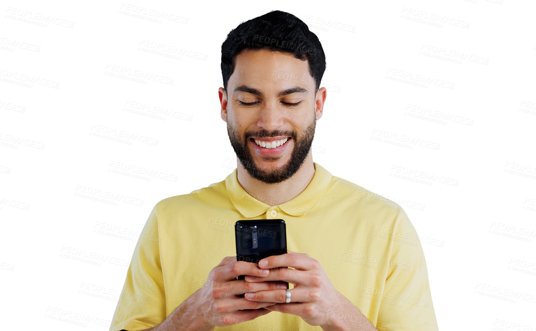 Buy stock photo Man, happy and typing on phone with internet for mobile chat, social media scroll and reading notification. Smile, indian model and smartphone for search isolated on a png transparent background