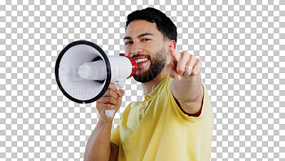 Buy stock photo Happy man, portrait and pointing to you with megaphone for choice, selection or announcement on a transparent PNG background. Young male person with loudspeaker or bullhorn for speech or lucky winner