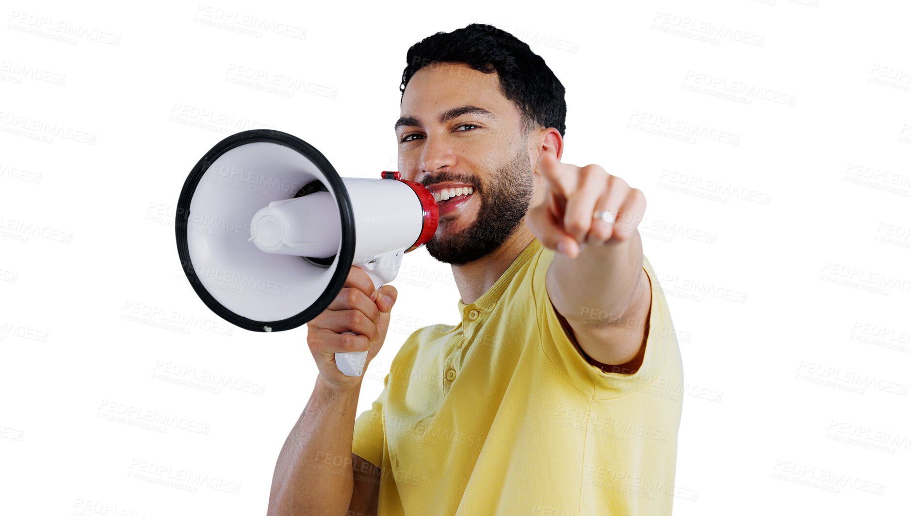 Buy stock photo Happy man, portrait and pointing to you with megaphone for choice, selection or announcement on a transparent PNG background. Young male person with loudspeaker or bullhorn for speech or lucky winner