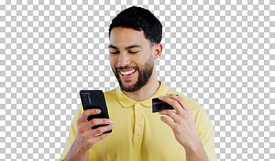 Buy stock photo Credit card, happy and man with phone for online shopping, internet purchase and payment bonus. Ecommerce, excited and person on smartphone banking app on isolated, png and transparent background