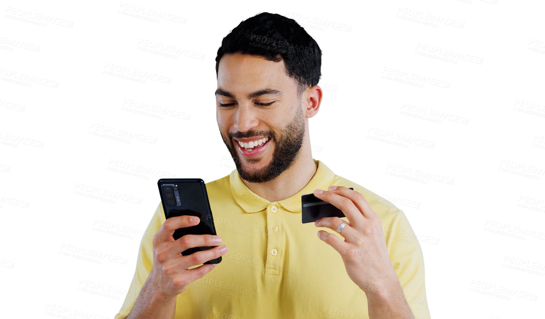 Buy stock photo Credit card, happy and man with phone for online shopping, internet purchase and payment bonus. Ecommerce, excited and person on smartphone banking app on isolated, png and transparent background