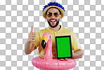 Green screen, tablet and happy man with thumbs up in studio for travel, review or service feedback on grey background. Digital, space or male traveler smile with emoji vote for app, offer or approval