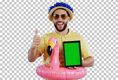 Buy stock photo Happy man, portrait and tablet with green screen, thumbs up and floaty on a transparent PNG background. Excited male person with smile, like emoji or yes sign on technology with chromakey display