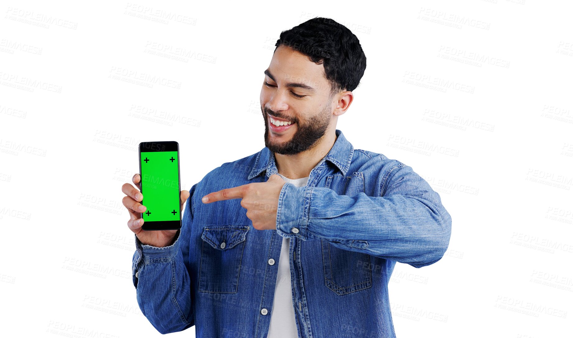 Buy stock photo Happy, man or pointing to phone with green screen for advertising presentation, mockup space and coming soon. Smile, indian influencer or show with hand gesture isolated on png transparent background