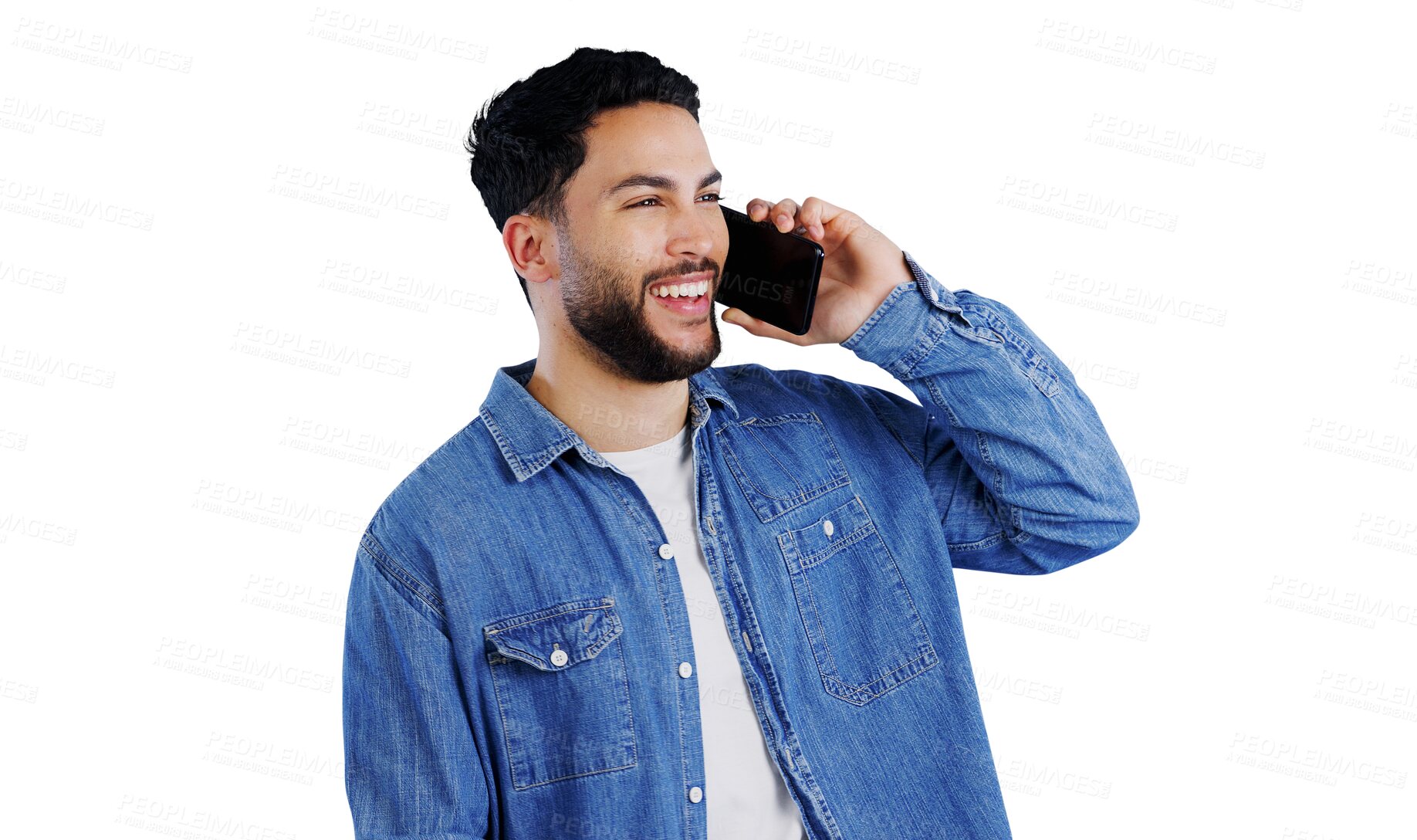 Buy stock photo Happy man, phone call and laughing for communication, funny joke or conversation on a transparent PNG background. Young male person talking on mobile smartphone for discussion, chat or networking