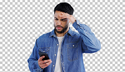 Buy stock photo Stress, phone and man confused by glitch 404 or poor reception on isolated, transparent or png background. Anxiety, fear or person with smartphone fail, disaster or social media hacker notification