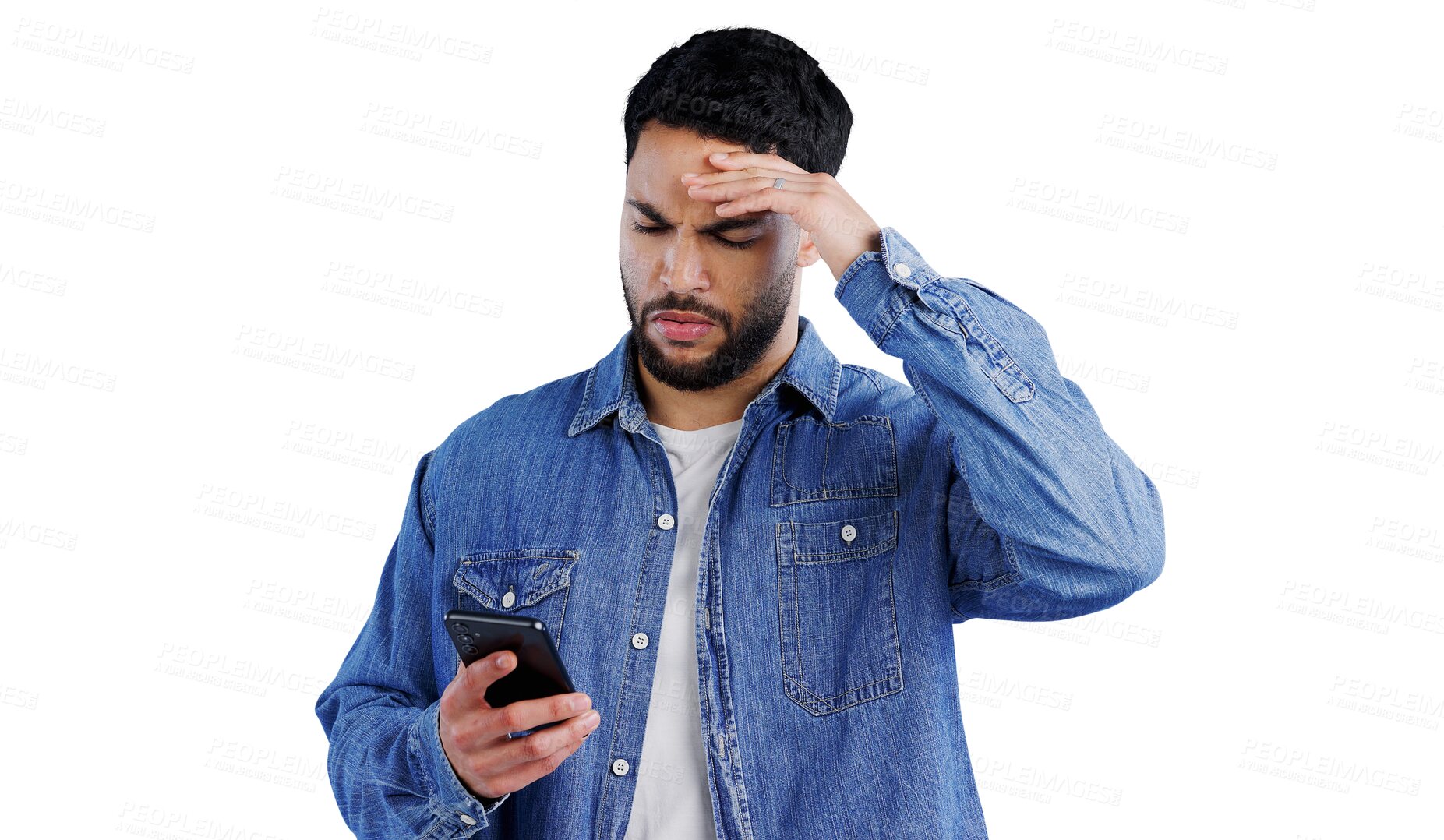 Buy stock photo Stress, phone and man confused by glitch 404 or poor reception on isolated, transparent or png background. Anxiety, fear or person with smartphone fail, disaster or social media hacker notification