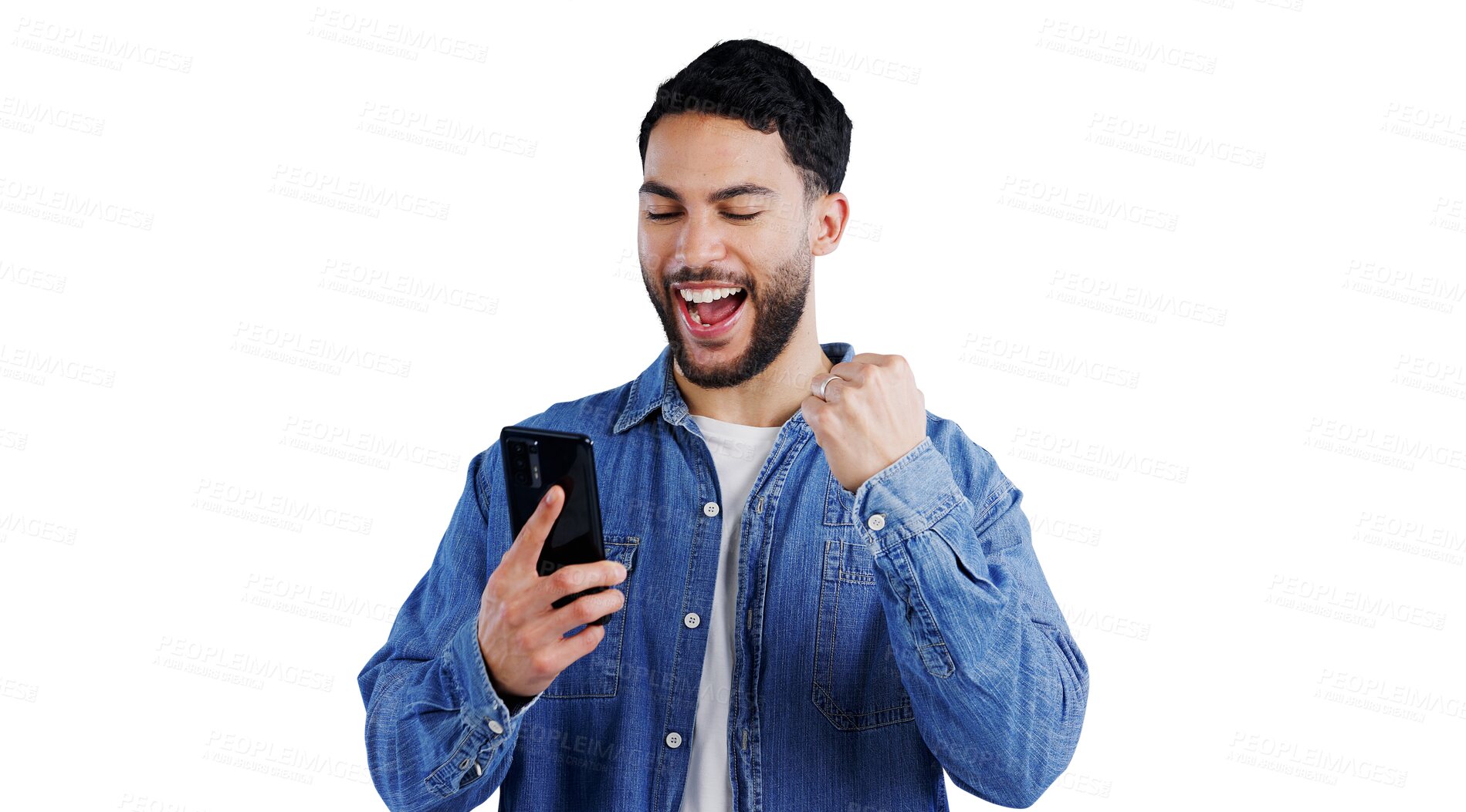 Buy stock photo Phone, wow and excited man with winner fist for gaming success on isolated, transparent or png background. Yes, hands and happy person with smartphone app for prize, reward or competition giveaway