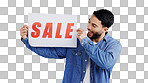 Man, sale and excited with board in studio mockup, shopping discount and advertising retail announcement. Young person, arab and marketing for deal promotion with product launch by white background
