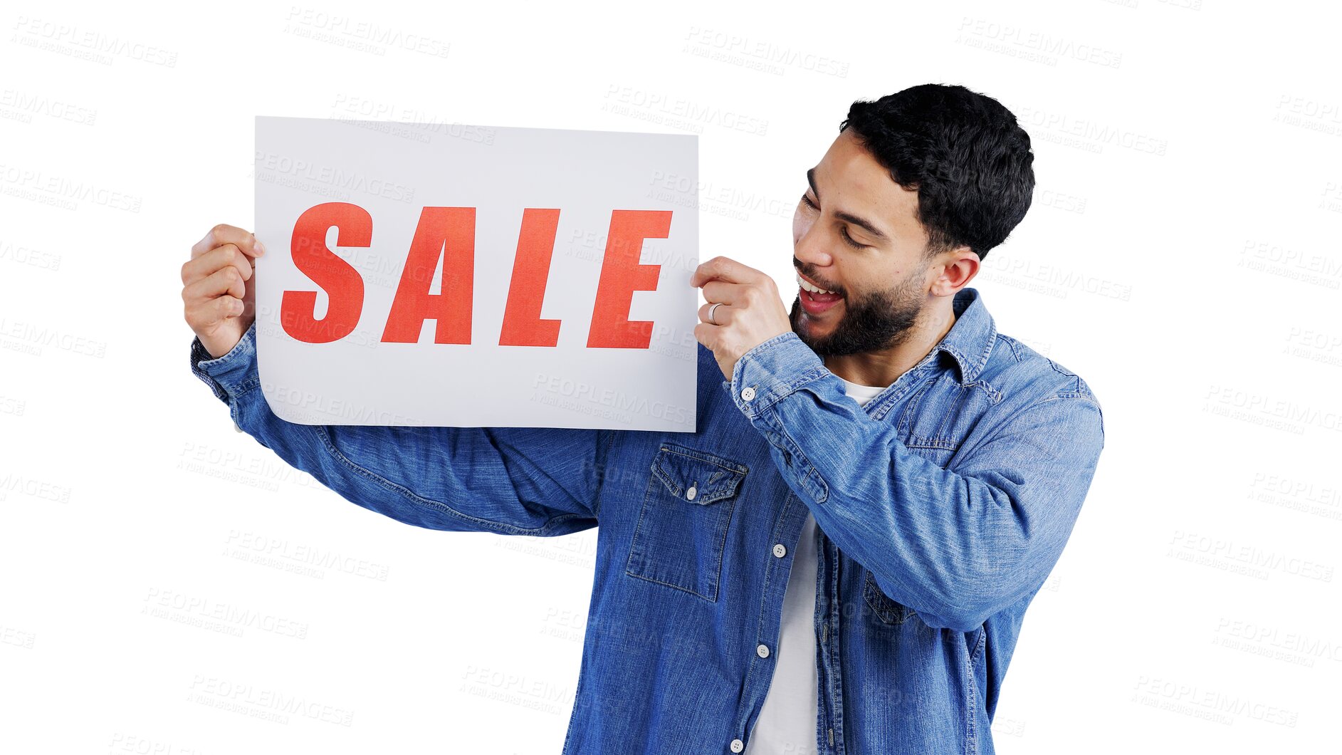 Buy stock photo Happy, man and poster for sale, news or information on isolated, transparent or png background. Banner, announcement and male person smile with notice of retail, discount or shopping mall promotion
