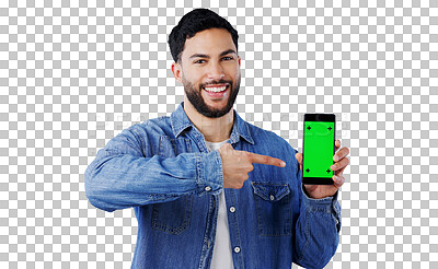 Buy stock photo Portrait, man or pointing to phone with green screen for advertising presentation, mockup space for information. Happy, indian person and show with hand gesture isolated on png transparent background