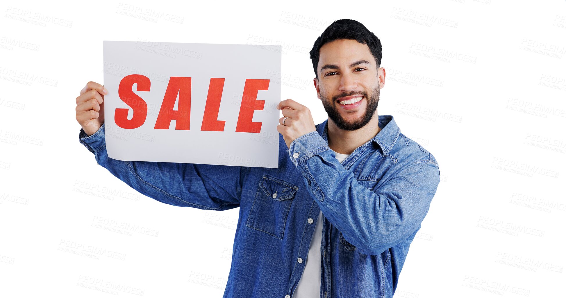 Buy stock photo Portrait, happy man and poster for sale, news or information on isolated, transparent or png background. Banner, announcement or male person with notice of retail, discount or shopping mall promotion