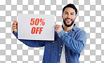 Man, deal and excited with sale in portrait, shopping discount and retail announcement by studio mockup. Young person, arab and board for sales promotion with 50 percent launch by white background