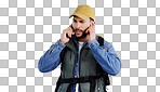 Hiking, man and phone call service, frustrated and studio isolated on a white background mockup space. Person trekking, mobile and lost connection signal, confused and backpacker in communication