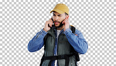 Buy stock photo Phone call, problem and man hiking with bad, connection or poor reception on isolated, transparent or png background. Smartphone, fail or male backpacker with app, glitch or frustrated by 404 crisis