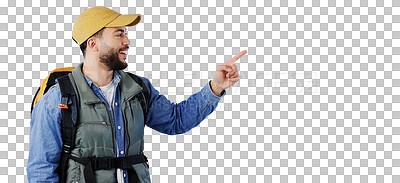 Buy stock photo Hiking, smile or man with hand pointing to travel, news or promotion on isolated, transparent or png background. Camping, backpack or male tourist show sign up guide, process or steps for safari tour