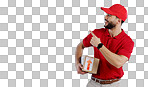 Man, courier and pointing with delivery in studio with mock up for offer on white background in Mexico. Male model, hand and gesture for announcement, promotion or notification in space for logistics