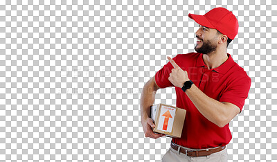 Buy stock photo Happy man, pointing and delivery with box for advertising or marketing in logistics on a transparent PNG background. Young male person or courier guy with smile, hat and showing deal, list or service