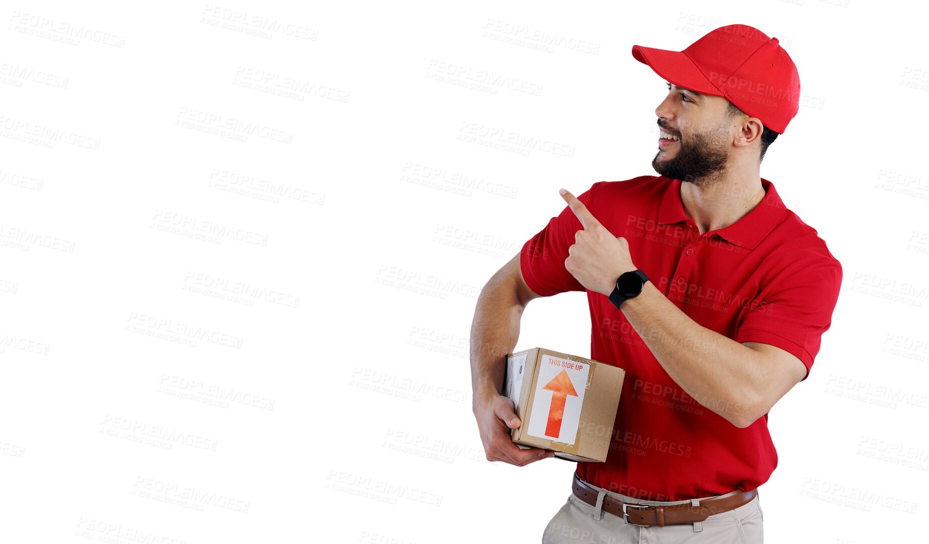 Buy stock photo Happy man, pointing and delivery with box for advertising or marketing in logistics on a transparent PNG background. Young male person or courier guy with smile, hat and showing deal, list or service