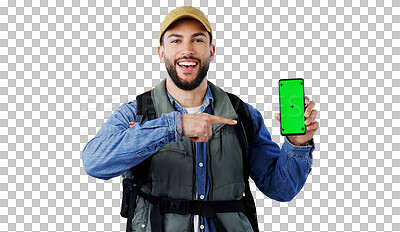 Buy stock photo Green screen, phone and hiking man with hand pointing to mockup on isolated, transparent or png background. Smartphone, space or face of male backpacker with sign up steps, guide or safari tour promo
