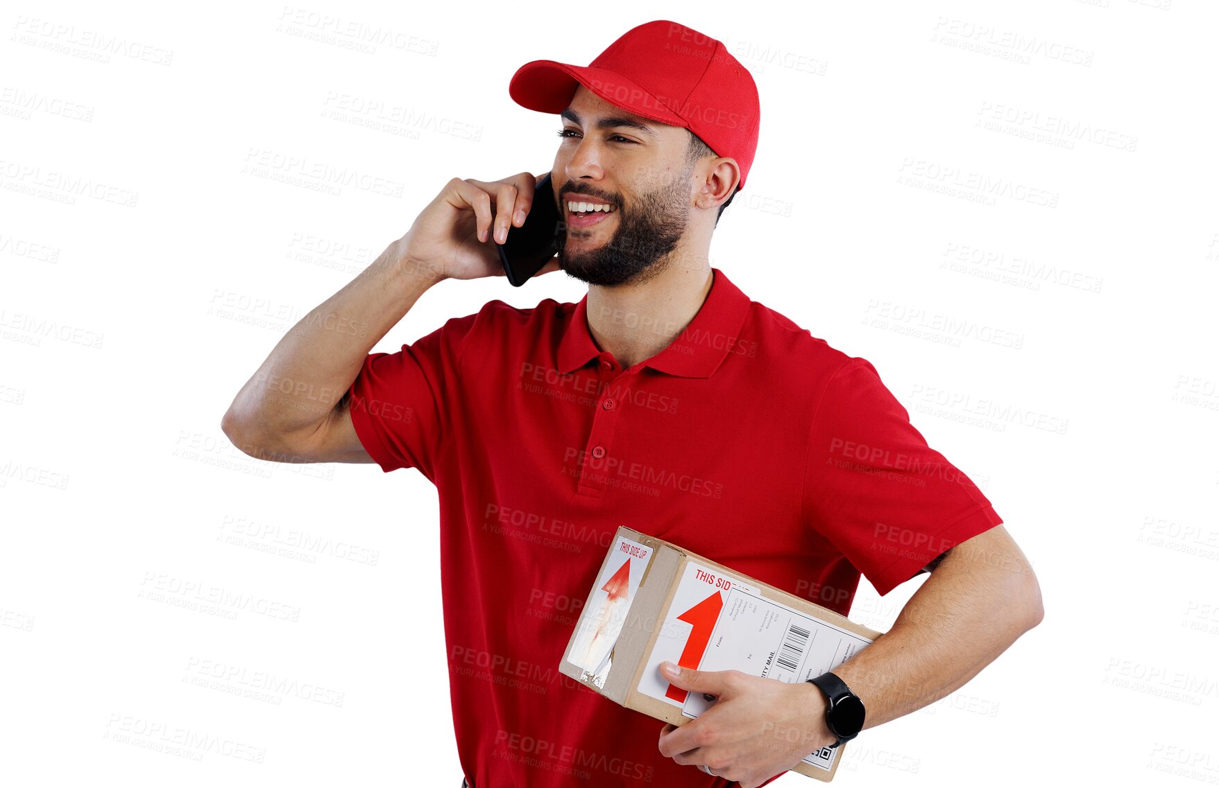 Buy stock photo Happy man, phone call and delivery with box in conversation or logistics on a transparent PNG background. Male person or courier guy talking on mobile smartphone for parcel, package or online order