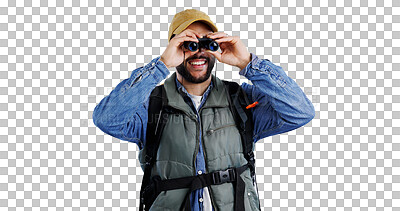 Buy stock photo Hiking, smile and man with binocular search, travel or sightseeing on isolated, transparent or png background. Seeing, happy and camper with lens, magnifier or vision equipment on safari travel tour