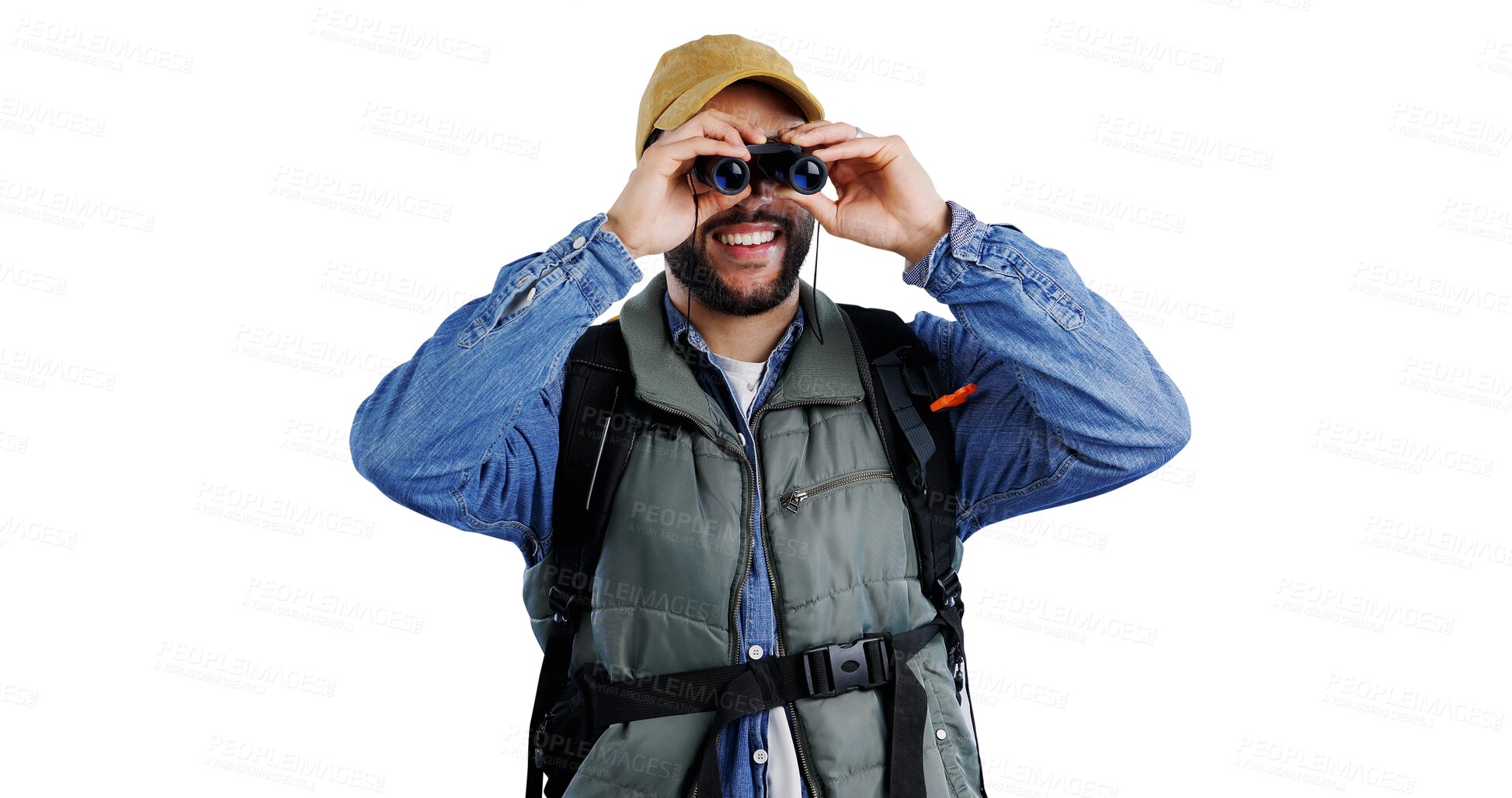 Buy stock photo Hiking, smile and man with binocular search, travel or sightseeing on isolated, transparent or png background. Seeing, happy and camper with lens, magnifier or vision equipment on safari travel tour