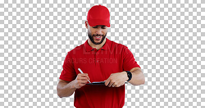 Buy stock photo Happy man, delivery and writing with clipboard for checklist, online order or signature on a transparent PNG background. Male person or courier guy filling paperwork or document for shipping service