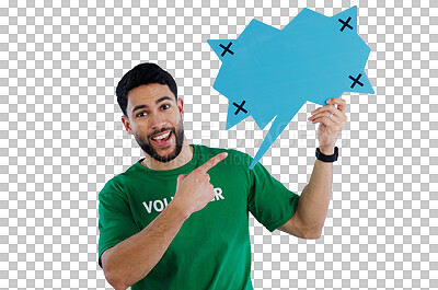 Buy stock photo Portrait, speech bubble and happy man with hand pointing to volunteering mockup on isolated, transparent or png background. Face, space and male volunteer show social media, poster or charity news