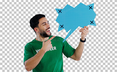 Buy stock photo Smile, speech bubble and happy man with hand pointing to volunteering mockup on isolated, transparent or png background. Face, space and male volunteer show social media, poster or charity news