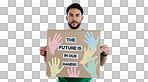 Man, future and environmental earth poster for social justice or human rights, studio or white background. Male person, portrait and climate change or planet help, pollution protest on cardboard sign